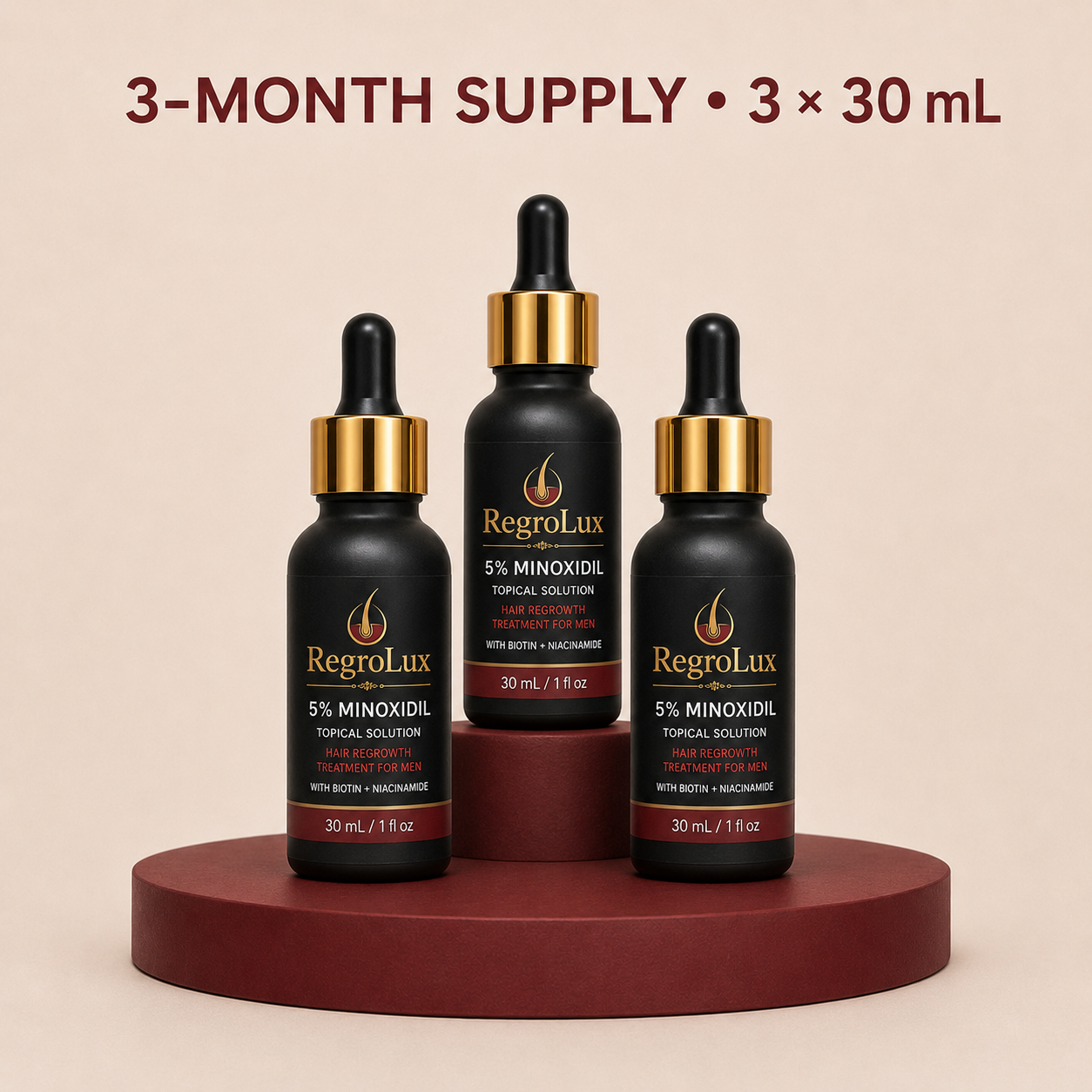 Three 30 mL bottles of RegroLux 5% Minoxidil for a three-month routine