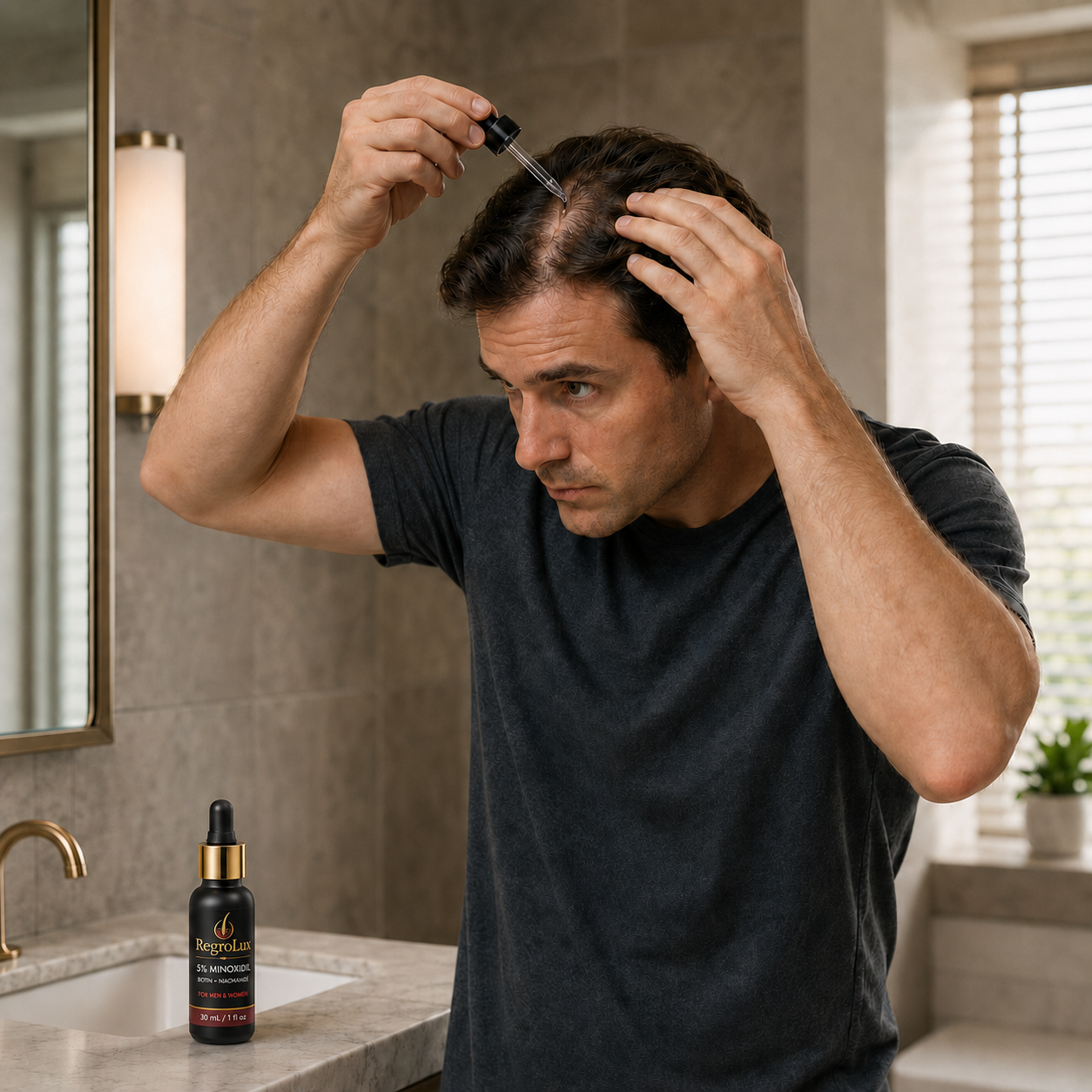 Man applying RegroLux to the top of his scalp