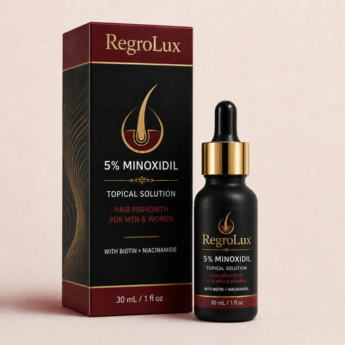 RegroLux 5% Minoxidil for men and women, 30 mL bottle and carton
