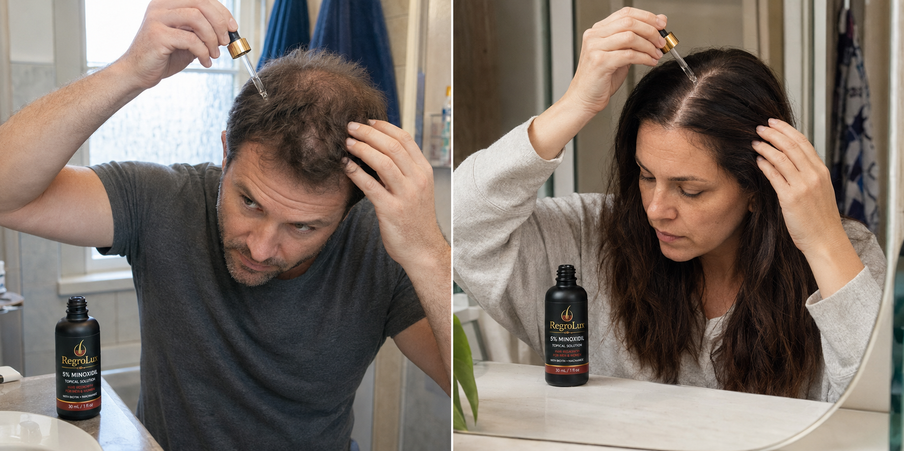 Adult man and woman applying RegroLux 5% Minoxidil during their everyday scalp-care routines